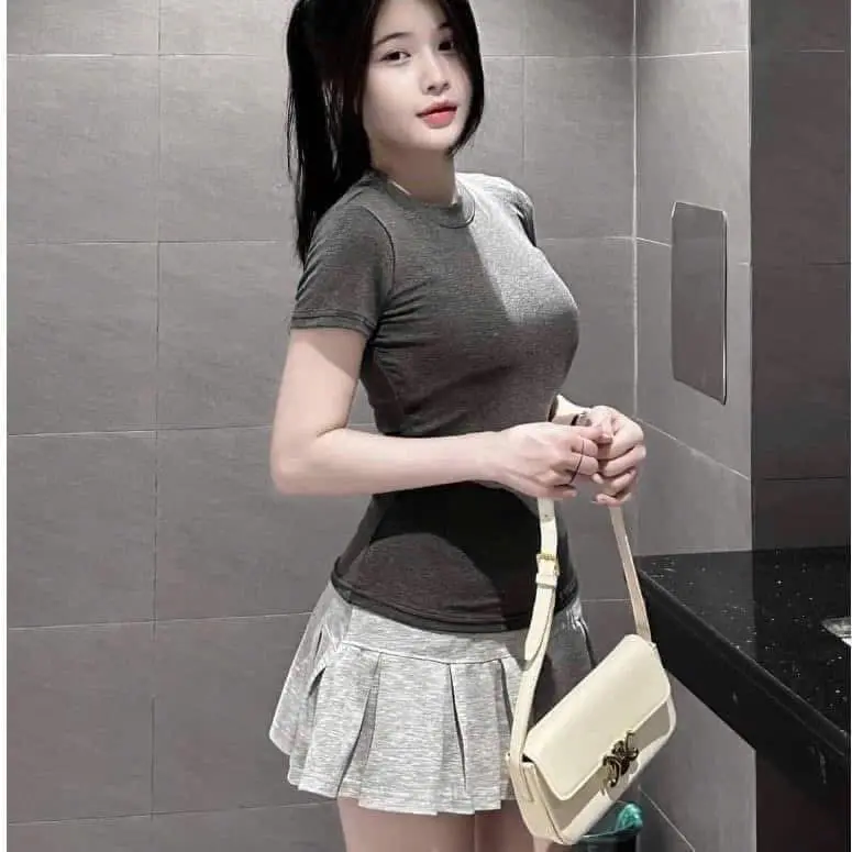 ￼Sét áo thun zip chân váy chất cotton  co dãn (SÉT XẾP LI XÁM) phong cách Hàn Quốc CAMASTORE 1585