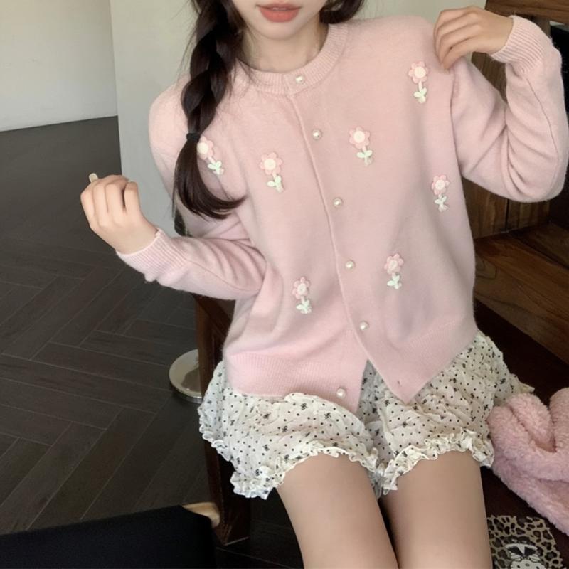   HÀNG QC   KÈM HOA  Áo len kiểu nữ chất len lông thỏ AL808 đính hoa cute xinh form vừa dài tay có khuy cách điệu thu đông 6 màu Kozoda Women Nhung Kem 