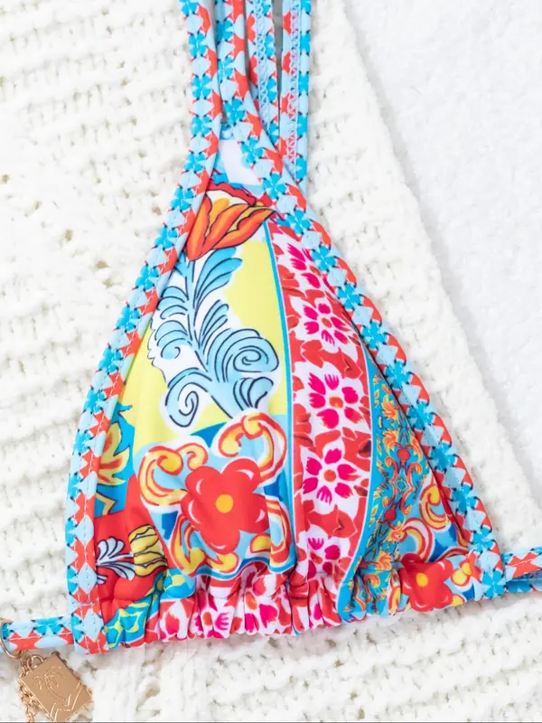 Women's Colorblock & Floral Patchwork Print Bikini Set, Swimming Costume Women, Casual Tie Back Padded Triangle Bra & Tie Side Swim Thong, Two-piece Swimsuit for Women Summer Beach Holiday Vacation Swimming, Bikinis Sets, Bathing Suits, Bikini Outfits 8