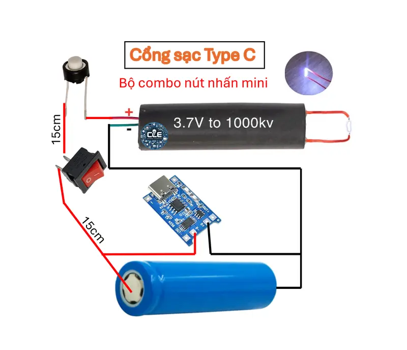 [ Mini ] Combo Mạch Điện Cao Áp 400KV 1000KV Pin 18650 Sạc Type C USB Module Cao Áp  Dụng Cụ Điện 0