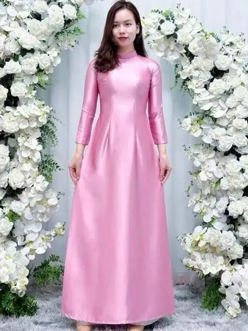 Áo dài trơn truyền thống chất liệu lụa Ruby cao cấp, cổ cao 3 cm tay dài