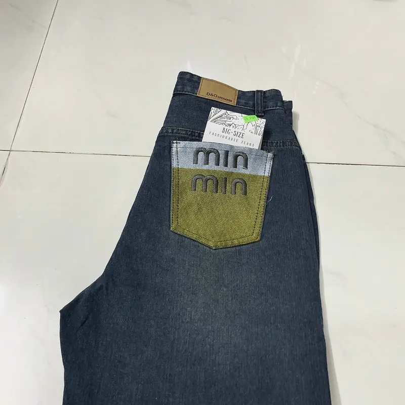 Quần Baggy Jeans Túi Thêu Màu Xanh Đậm Cạp Cao Trên Rốn, Form Rộng Thoái Mái, Women Nữ Kem Pants 2