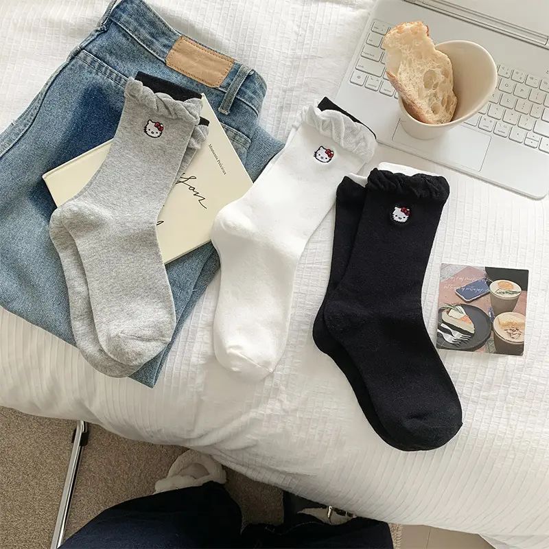 Tất Mèo Kitty, Miệng Bong Bóng, Tất Ống Phong Cách Nhật Bản Dễ Thương, Phong Cách Preppy Ngọt Ngào, Tất Rộng Rãi, Tất Vui Nhộn, Dành Cho Bé Gái
