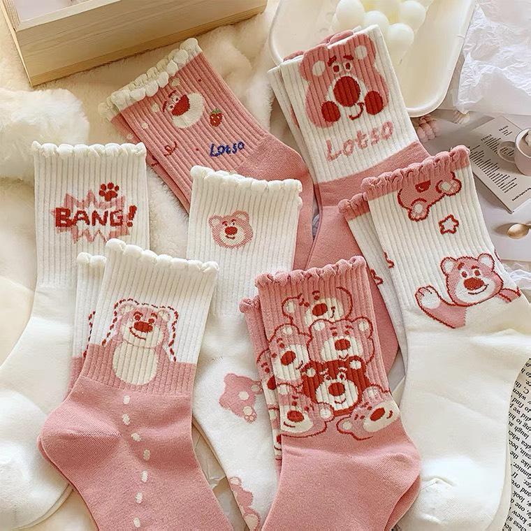 Sét 5 Đôi Tất Nữ Cao Cổ Họa Tiết Gấu Dâu Tây Màu Hồng Dễ Thương Tcc5 Women