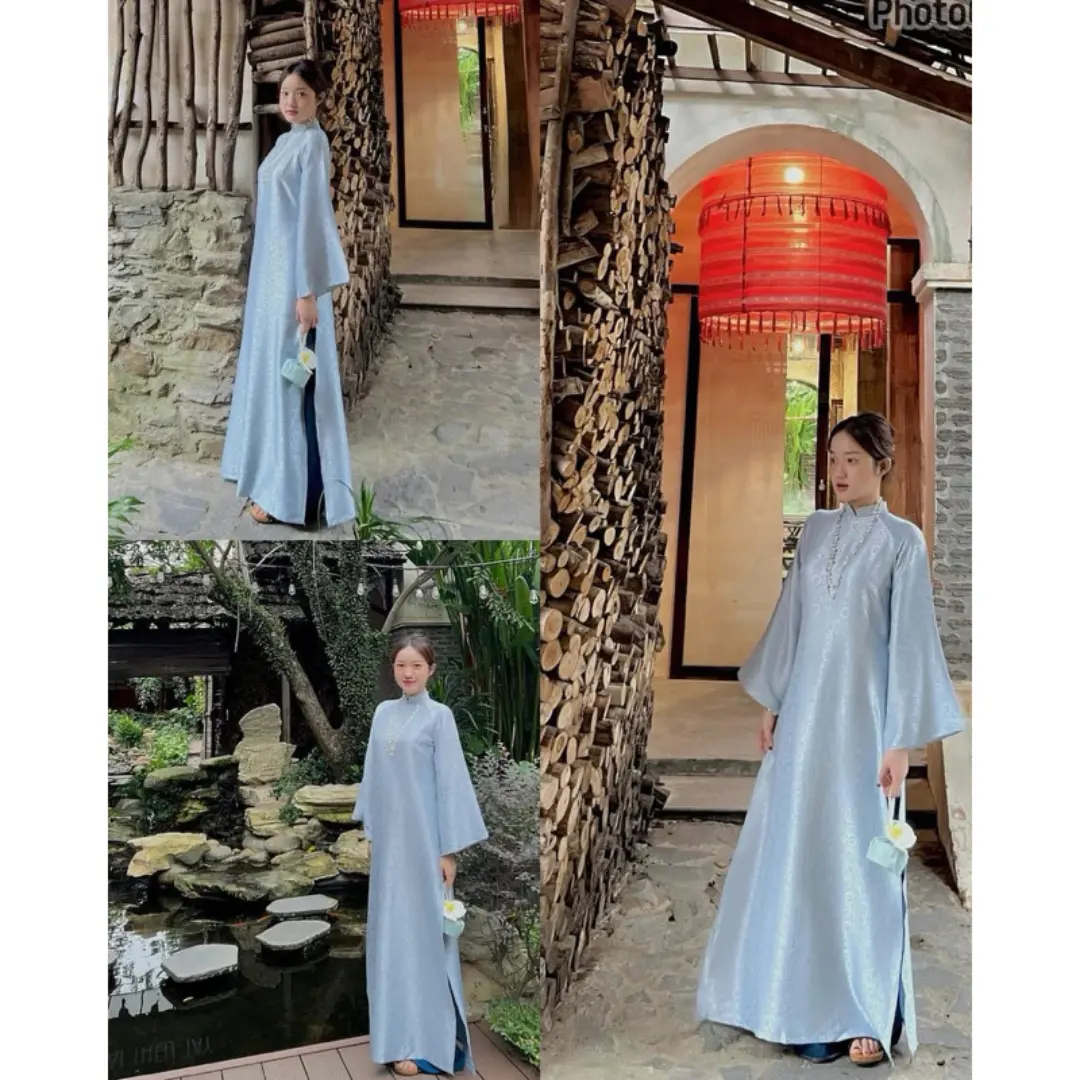 Set Áo Dài Gấm Dáng Xuông Cổ 2p Form Dài Phối Quần Lụa (AODAITET)