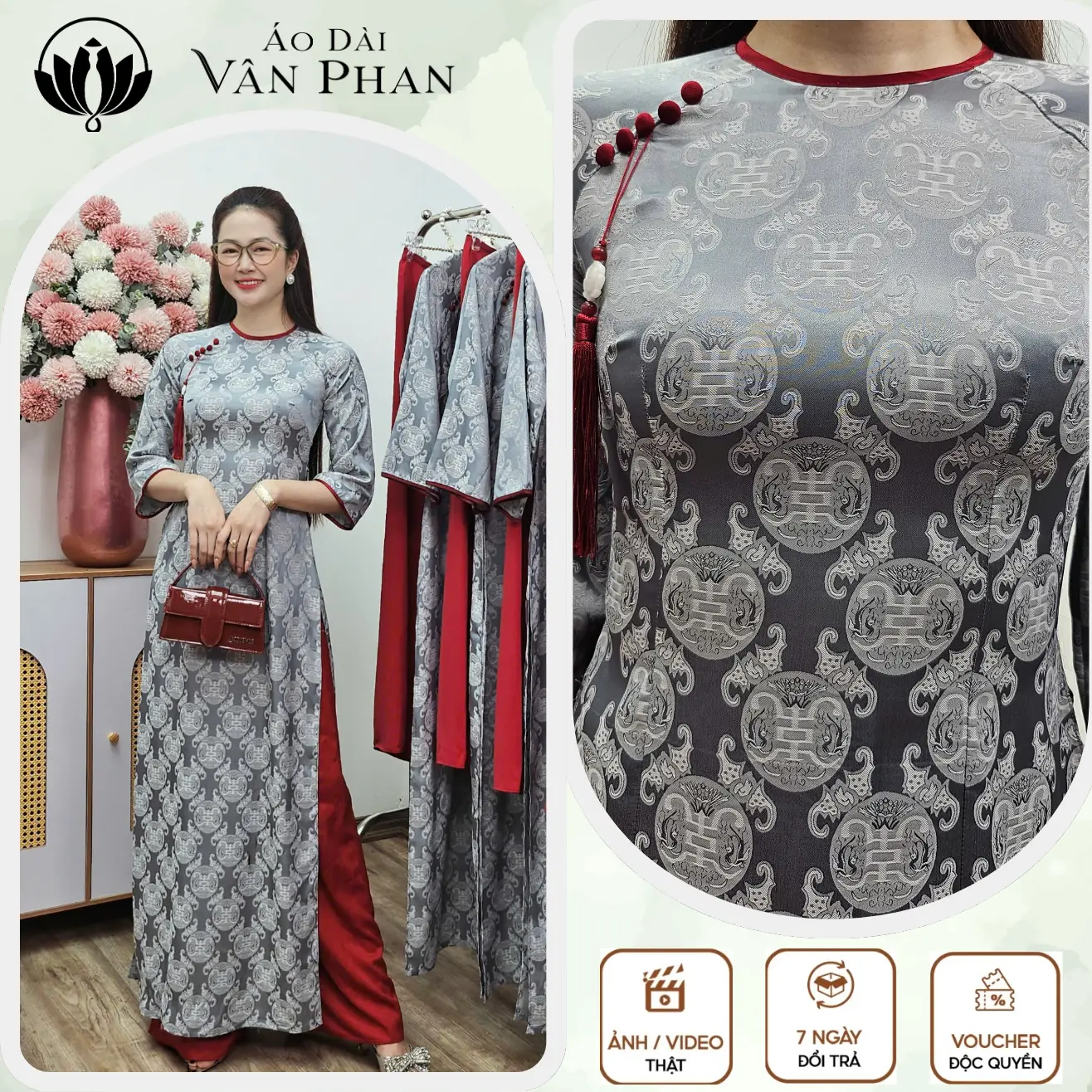 Áo dài cổ khít tay loe vải thọ dơi xám viền đỏ đô, chất liệu vải lụa mềm mịn, độ co giãn vừa phải - Áo dài Vân Phan A2856