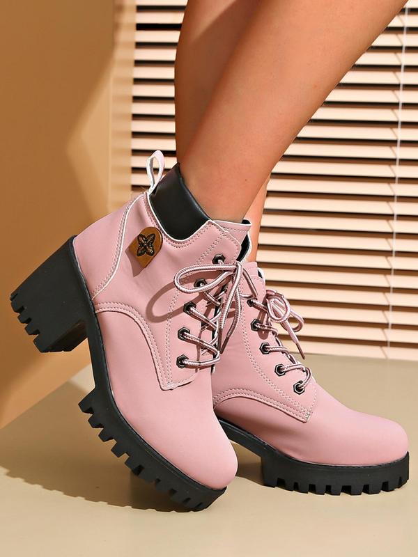 Women's Fashionable Solid Color Lace Up Ankle Boots, Casual Comfortable Round Toe Boots for Daily Wear, Female All-match Shoes for Spring & Fall 8