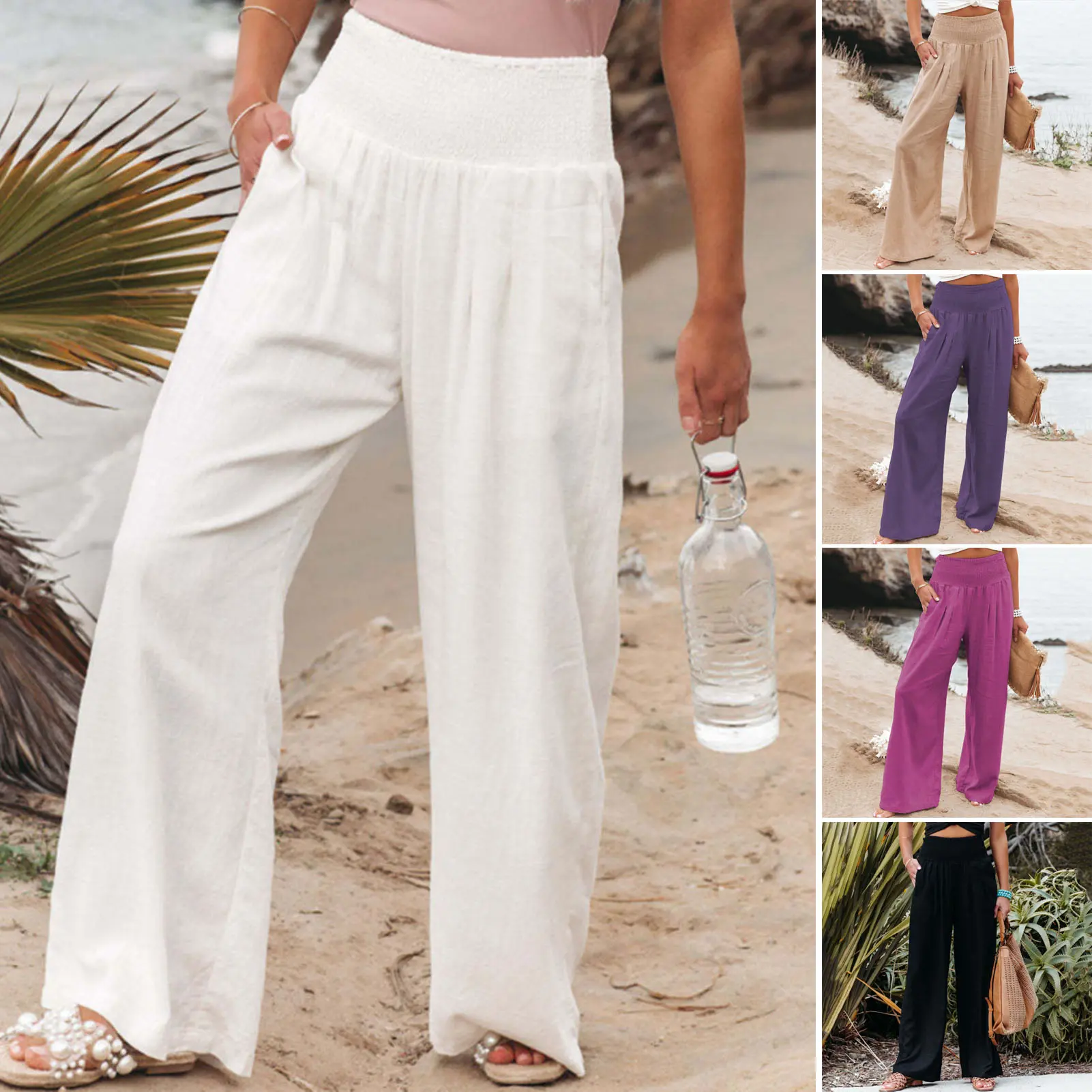 [LOY] Women Summer Pants Solid Color Wide Leg Mid Elastic Waist Full Length Loose Soft Breathable Lady Pockets Trousers Sweatpants