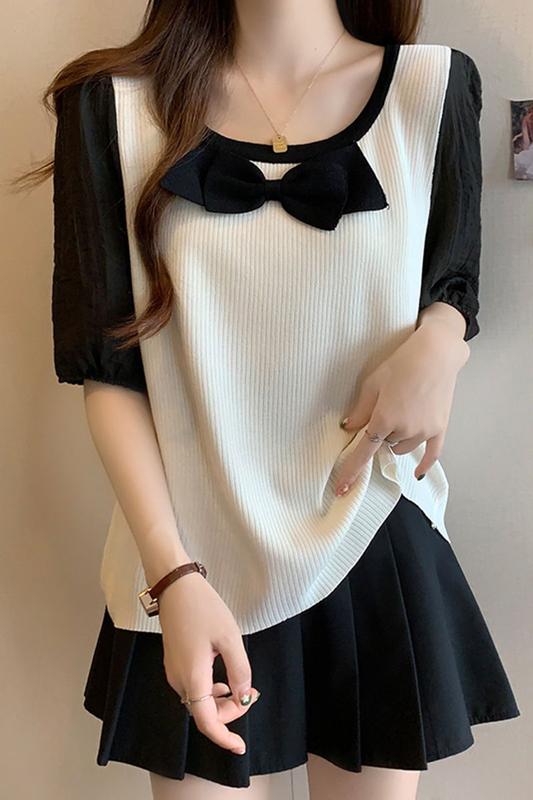 Product Introduction of Plus Size French Square Collar Niche Belly Covering Children Summer Fat Sister Show Stitching Fake Two Pieces Casual Bottoming Shirt 10