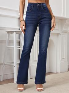 Women's Plain High-stretch Slim-fit Flare Leg  Jeans, Casual Button Fly Pocket Design Denim Trousers for Daily Wear, Ladies Bottoms for All Seasons