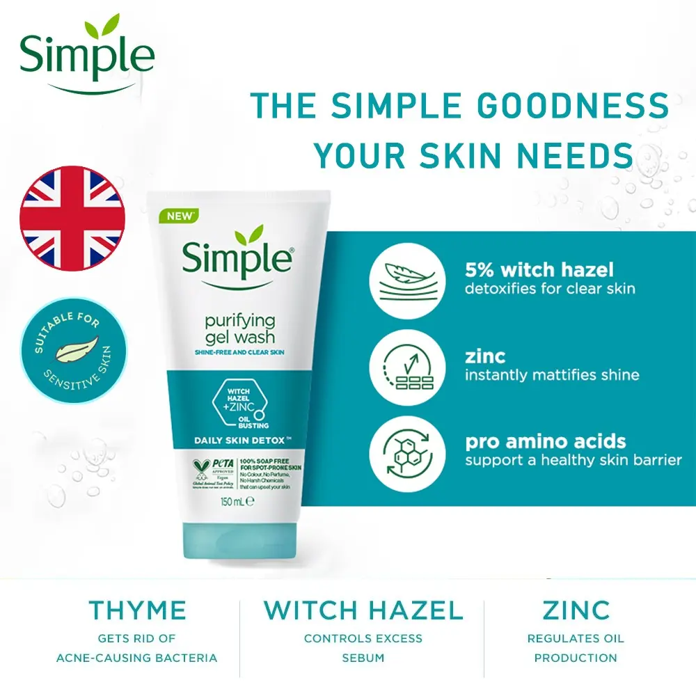 SIMPLE Daily Skin Detox Purifying Facial Gel Wash 150ml Cleanser For Oily Skin Deep Cleansing Gentle Formula Refreshing