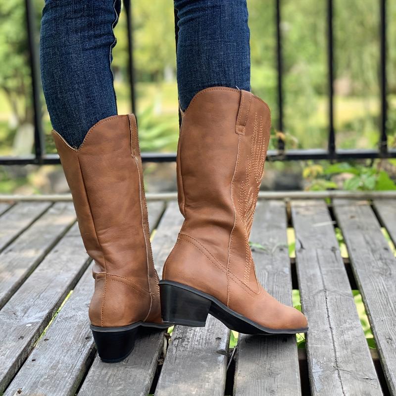 Women's Solid Color Chunky Heel Boots, Fashion Point Toe Mid Calf Boots, Stylish Western Cowboy Boots 1