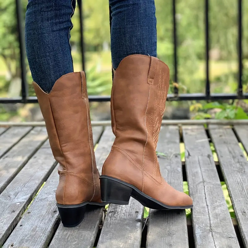 Women's Solid Color Chunky Heel Boots, Fashion Point Toe Mid Calf Boots, Stylish Western Cowboy Boots 1