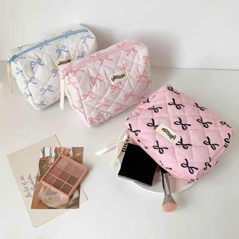 Quilted Pattern Cosmetic Organizer Bag, 1 Count Large Capacity Makeup Bag with Bow Pattern, Portable Travel Storage Bag, Home Organizer 3