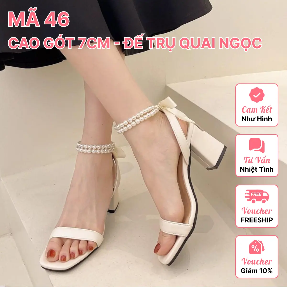 Mã 46 - Cao gót quai ngang, khóa ngọc, đế trụ, đế thô 7cm, sang chảnh, điệu đà Gót trung bình (3-5 cm) Mũi mở Nữ DéP Shoes GiàY Sandal Cao Su Quai Hậu Jean gótxinh  quảng