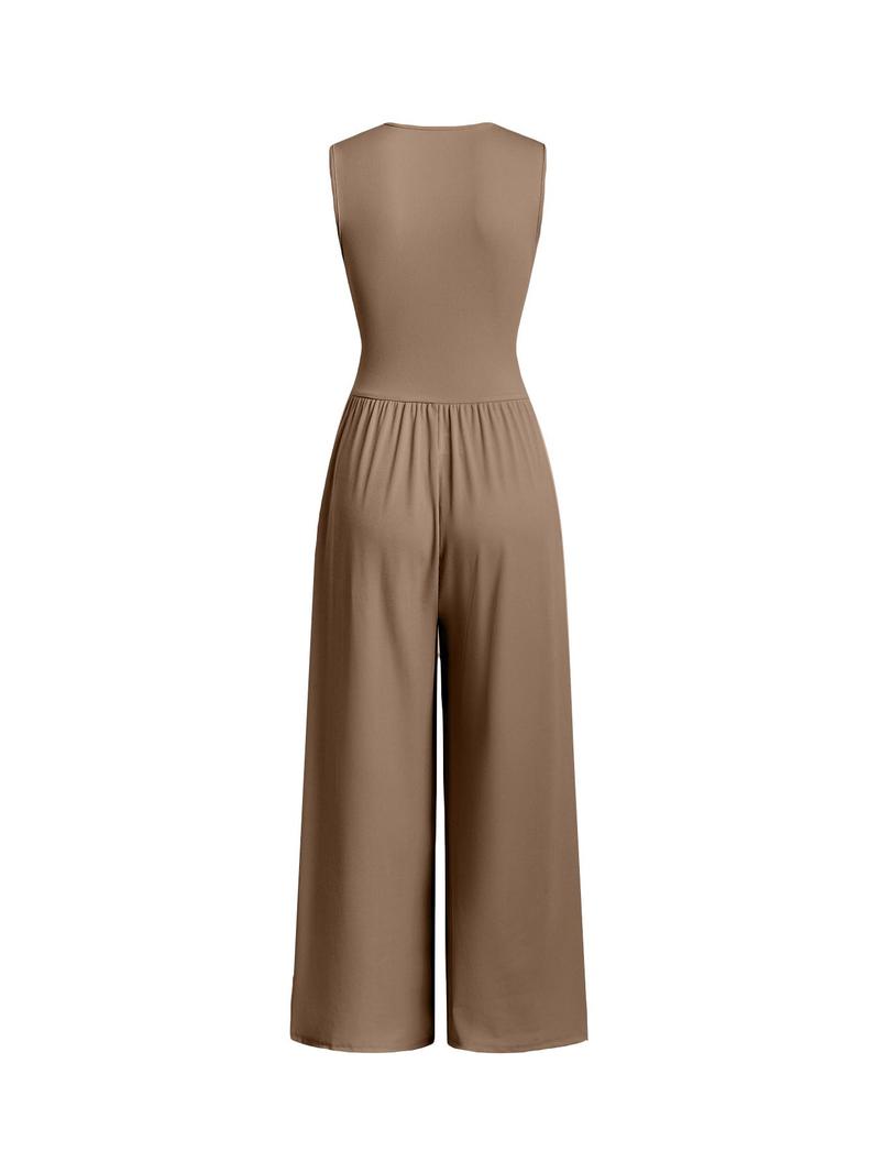 Product Introduction of Women's Plain Ruched Deep V Neck Ribbed Jumpsuit, Elegant Sleeveless Wide Leg Jumpsuit for Summer, Back to School Outfits, Ladies Clothes for Beach Holiday Vacation 8