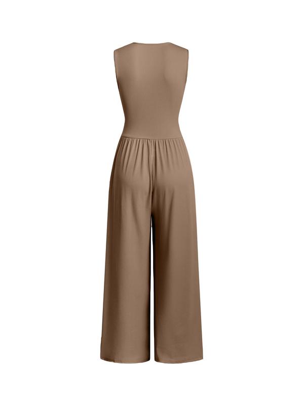 Women's Plain Ruched Deep V Neck Ribbed Jumpsuit, Elegant Sleeveless Wide Leg Jumpsuit for Summer, Back To School Outfits, Ladies Clothes for Beach Holiday Vacation,  Curve Fashion Womenswear Overalls 8