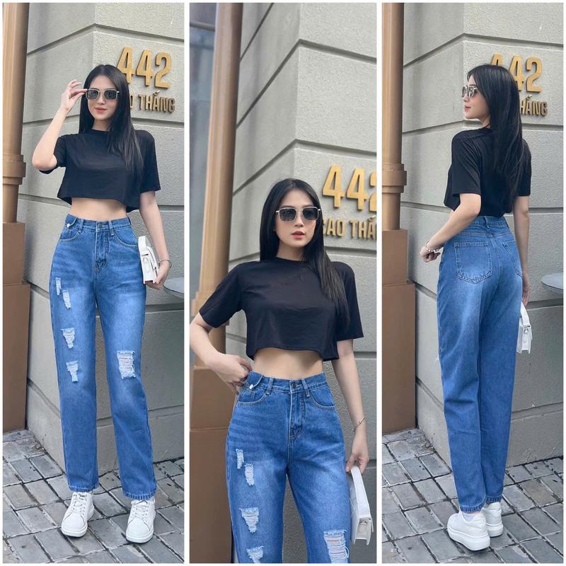 Quần Jeans Baggy  Nữ Cạp Cao Họa Tiết Rách Xước Ống Đứng Phong Cách Hàn Quốc Sành Điệu Style 2024 MS206 Women Pants bò quansuong namlun jean suong theu quan jeansuong lưng