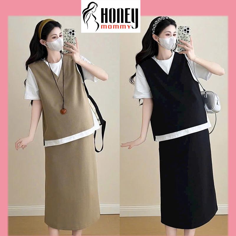 Set Váy Bầu Đầm Bầu Mùa Hè Xẻ Sau Kèm Áo Bầu Cổ V Basic Mặc Đi Làm Đi Chơi Lịch Sự Nhã Nhặn HT2602 Honey Mommy