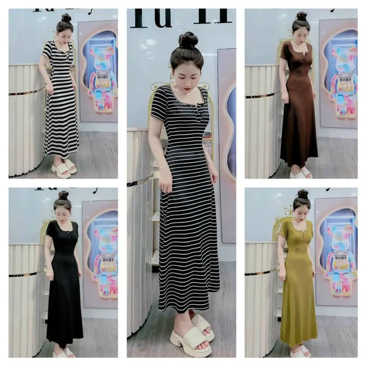 Đầm tay ngắn dáng dài chất thun gân về đủ màu - FN374  Mua rẻ Top Dress Nữ Women