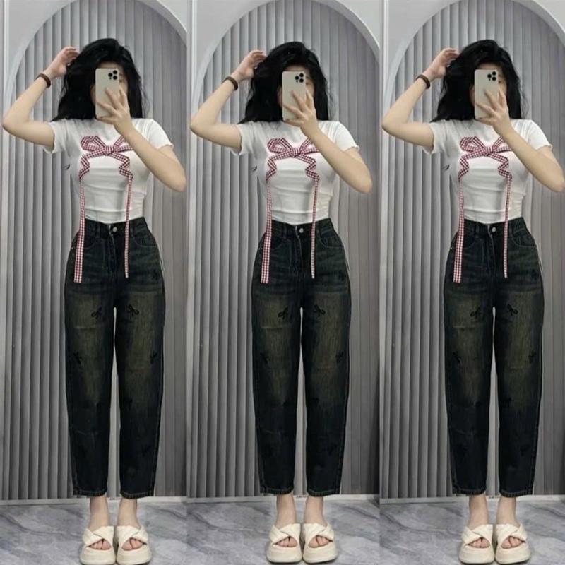 Quần Bò Baggy Jeans Lưng Chun Phối Túi Thêu Nơ, Quần Bò Jeans Denim Nữ Cạp Cao Dáng Baggy Hách Dáng Cực Đẹp 0