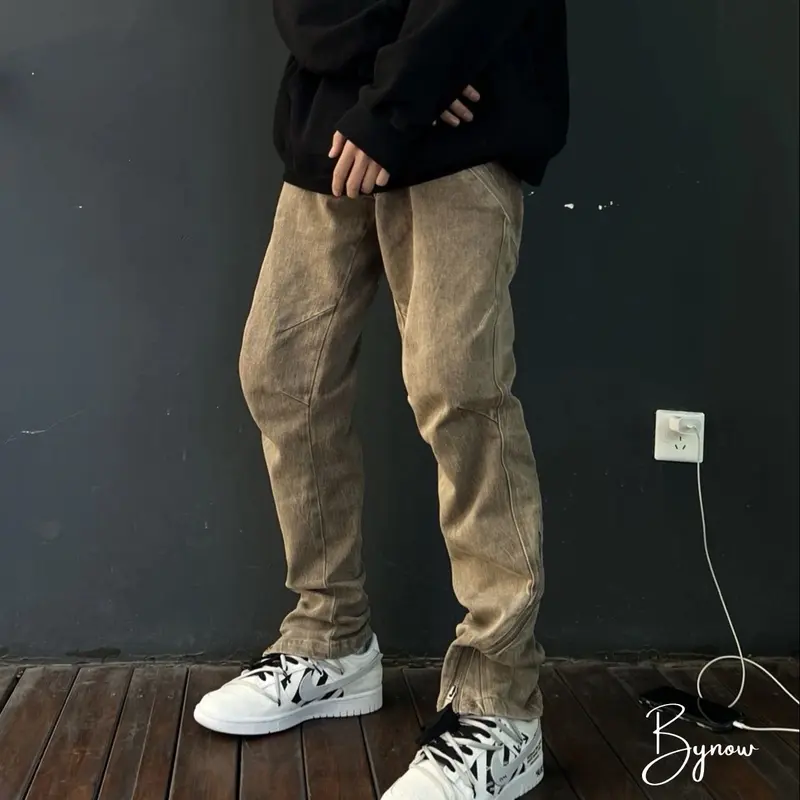 [Hàng Sẵn] Quần Kaki Nâu Phối Khoá Kéo HipHop Phong Cách Đường Phố Pants Menswear 0