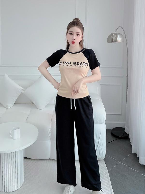 Set đồ bộ nữ thun gân quần dài ống rộng áo tay ngắn co giãn Top Xám Women