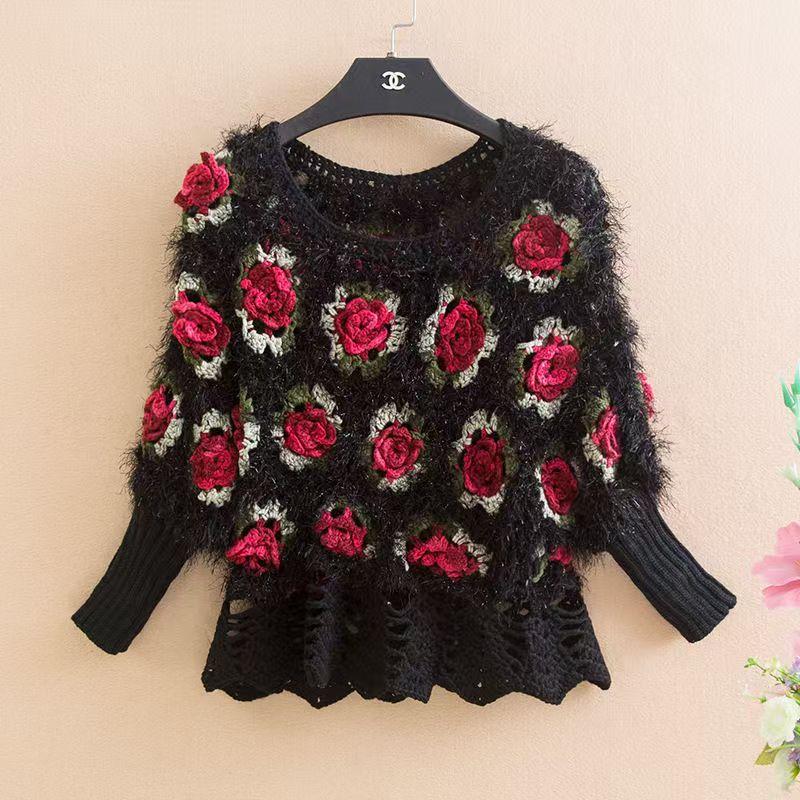 Áo Len Dệt Kim Đan, Tay Áo 3 / 4, Bộ Sưu Tập Mùa Xuân Và Mùa Thu, Hàng Mới Về, Cạp Cao, Jacquard Thời Trang, Cổ Tròn, Kiểu Ngắn, Dáng Rộng Vừa Vặn, Áo Tay Cánh Dơi, Dành Cho Nữ 2