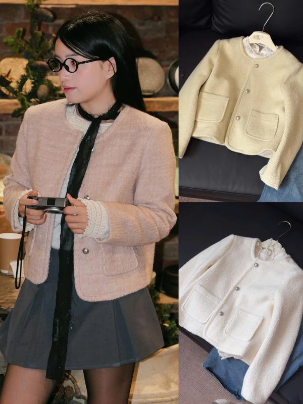 Áo dạ nữ A.693, Áo dạ lông thỏ cổ tròn tay dài dáng lửng cúc dọc kết hợp 2 túi thật phong cách dễ thương - Shop Chấm Bi