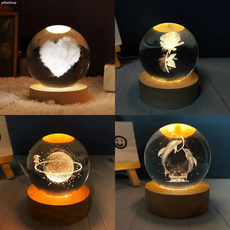 pillatshop สินค้าขายดี โคมไฟลูกแก้ว 3D LED USB ตั้งโต๊ะ คริสตัล กาแลคซี่ ไฟดาว ของขวัญวันเกิด โคมไฟหัวเตียง ไฟแต่งห้องห้องนอน แจกปีใหม่ 6cm