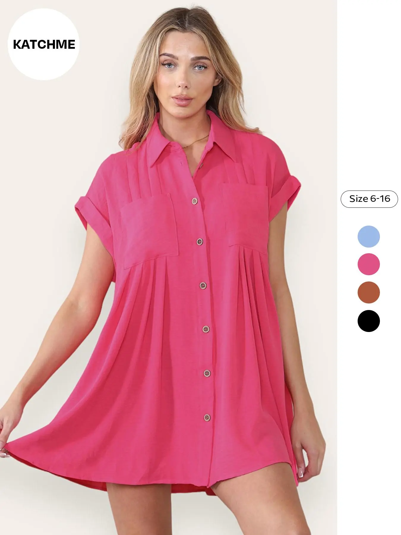 Women's Plain Plicated Pocket Button Front Shirt Dress, Summer Outfits 2024, High Low Hem Batwing Sleeve Collared Short Dress, Summer Dresses for Women, Fashion Clothes