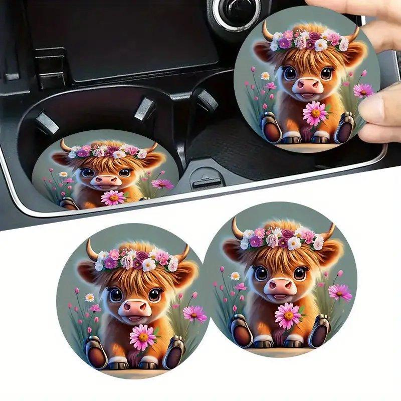 Cartoon Highland Cow Pattern Car Coaster, Round Anti-slip Car Cup Holder Pad, Car Interior Decoration Accessories for Women & Men 5