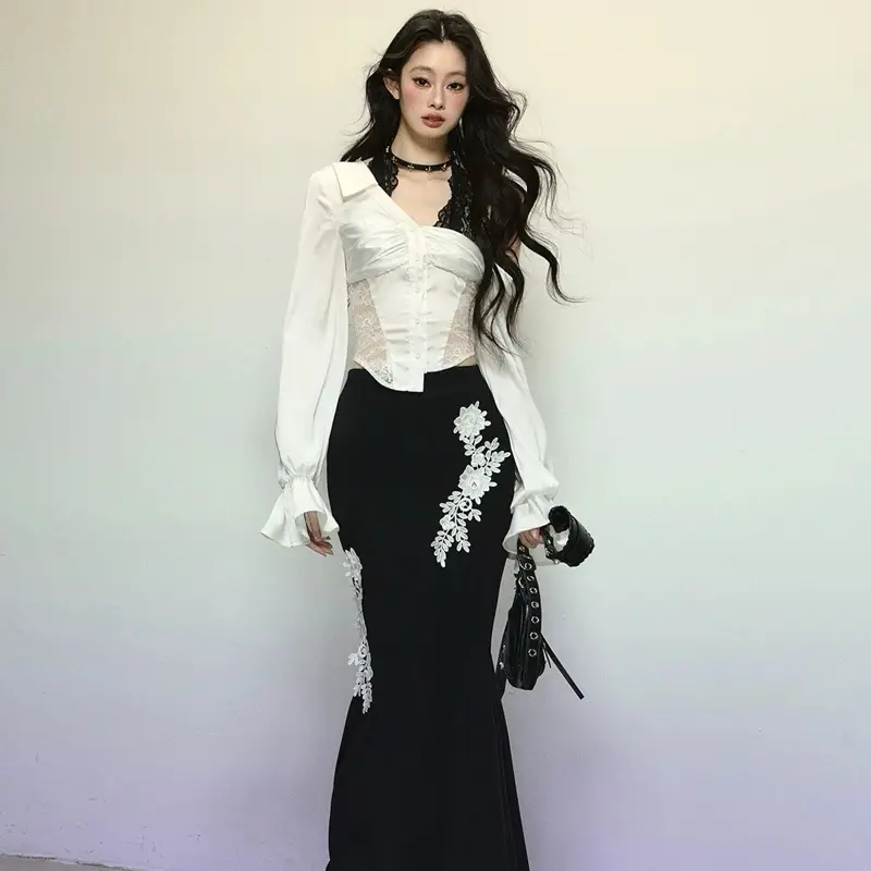 Set chân váy phối sơ mi ren