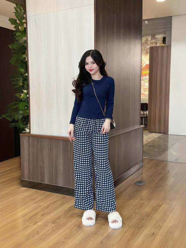 {Kim Chi}  Sét Tay Dài , 2 món Quần ống rộng rãi Vãi Lụa , áo thun Tăm lạnh co giản 4 chiều (38kg - 66kg) 7