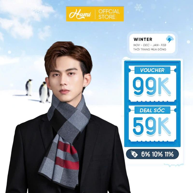 Khăn choàng cổ Nam HUMI quàng cổ mùa đông chất len Cashmere cao cấp chống xù mất form phong cách Hàn Quốc