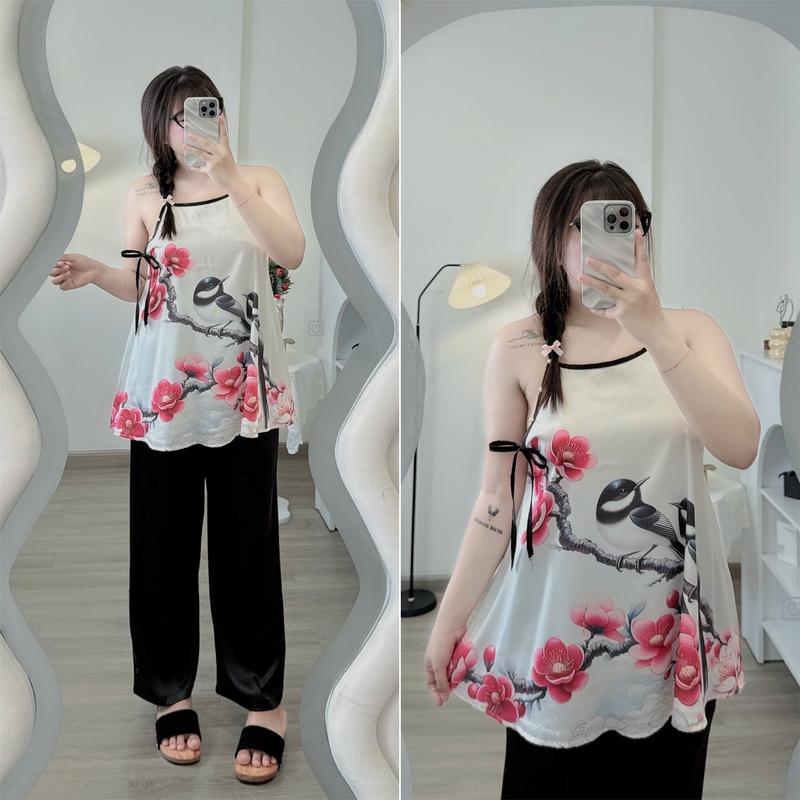 Size 60Kg - 90Kg Set Yếm Nữ Quần Dài Có Túi Vải Lụa Latin In 5D Không Mút Đính Nút Ngọc Kèm Nơ Quần Áo Ngủ Women