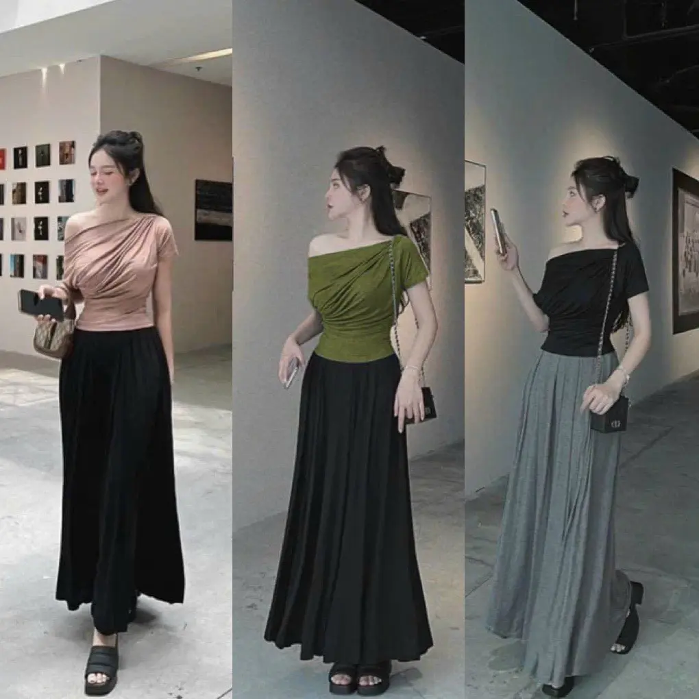 Set áo lệch vai tay ngắn mix chân váy dáng dài xòe sang chảnh - set đi tiệc đi chơi Top Nữ Women
