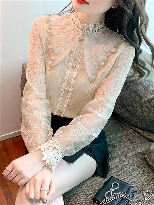 Áo sơ mi ren cổ đính đá đính ngọc 0