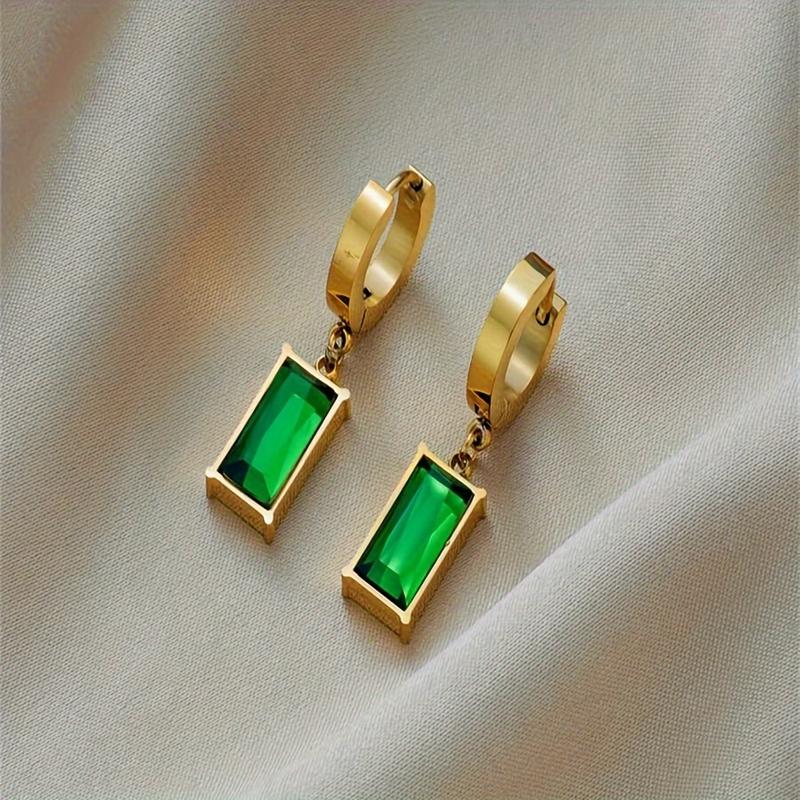3 piece elegant minimalist necklace and earrings set, gold tone snake chain rectangular emerald green cubic zirconia pendant and hoop earrings 3