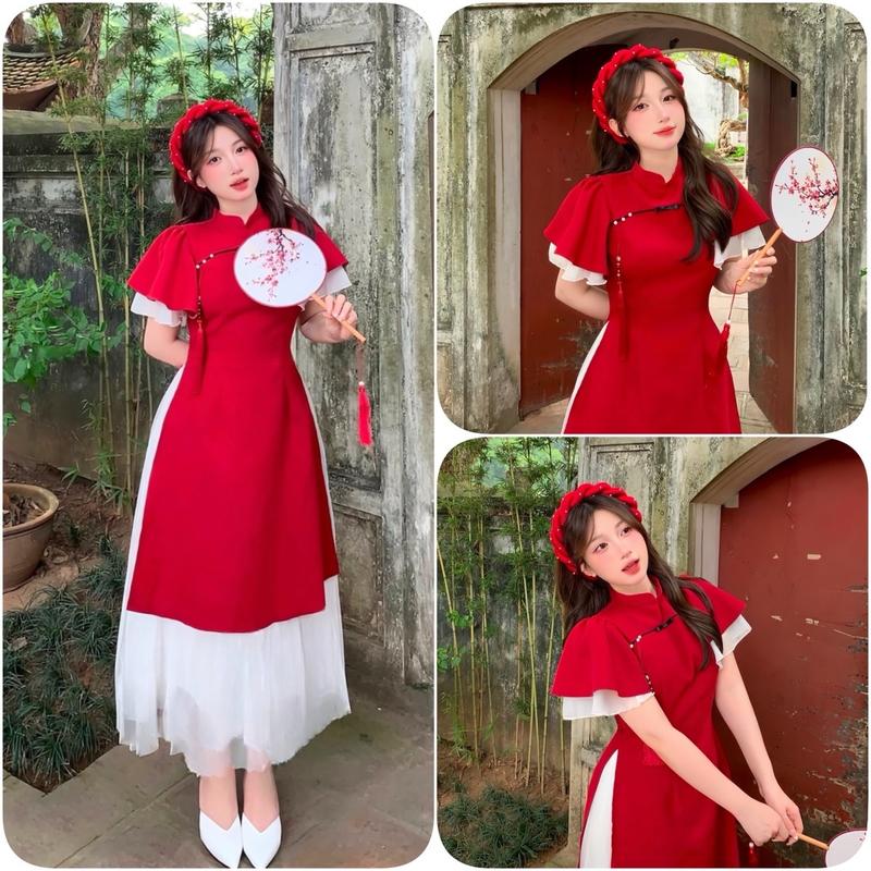 Sét Áo Dài Cách Tân Gồm Áo Dài Nhung Chéo Kèm Dây Tua Rua + Chân Váy Dài Nữ Women