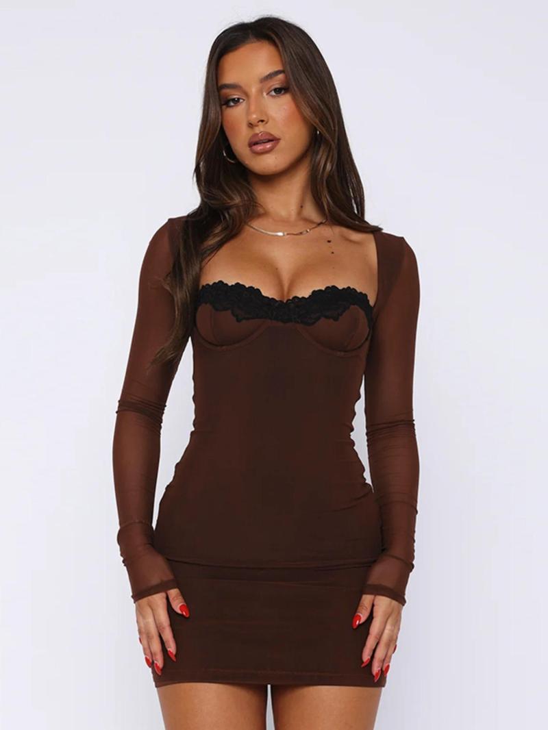 Product Introduction of Women's Contrast Lace Sweetheart Neck Bodycon Dress, Elegant Long Sleeve Mini Dress for Party Club Dating Wear, Ladies Clothes for All Seasons 1