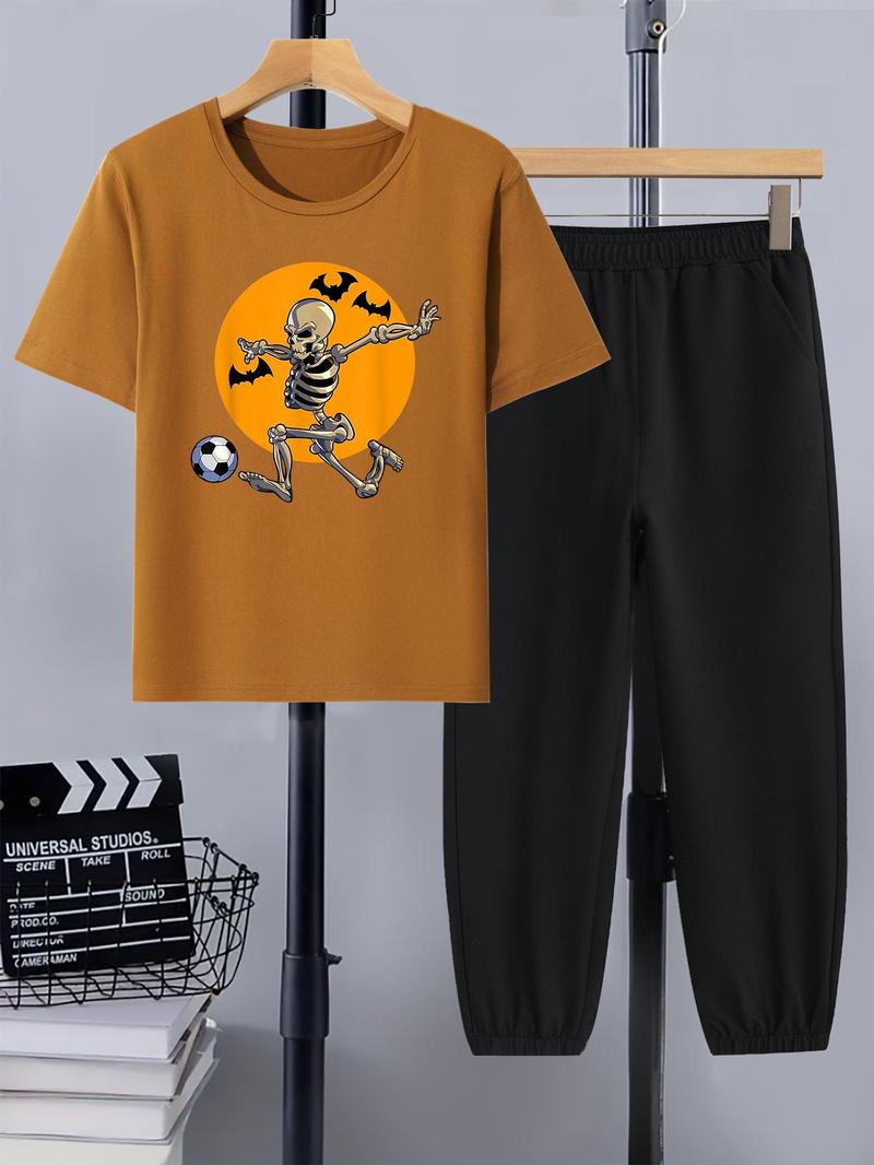 Product Introduction of Two-Piece Set Boy's  Skeleton Print Tee & Elastic Waist Pants Set, Casual Short Sleeve Round Neck T-shirt & Pocket Trousers, Kids Summer Clothes 7