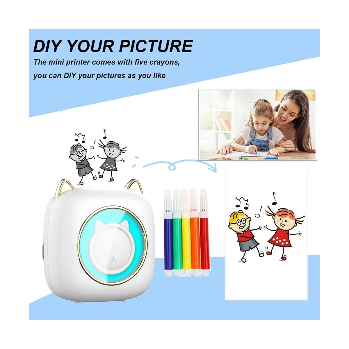 Mini Thermal Label Printer Smart Portable Photo Printer with Thermal Paper+Adhesive Paper+Colored Paper+Color Pen Kit