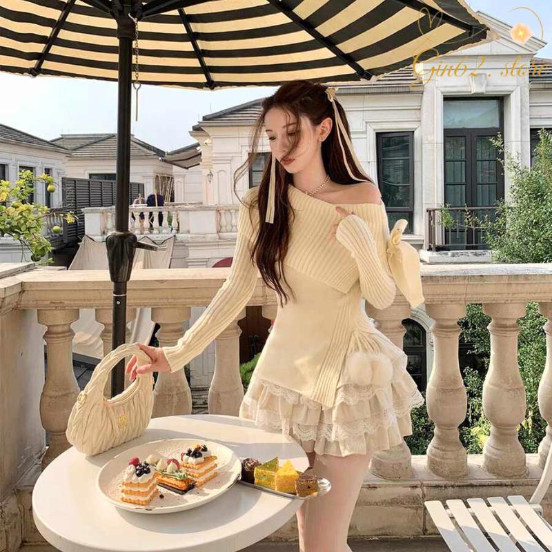 Set váy nữ - Áo len trễ vai mix với chân váy nhiều tầng thắt nơ ngang vai phong cách bánh bèo dễ thương