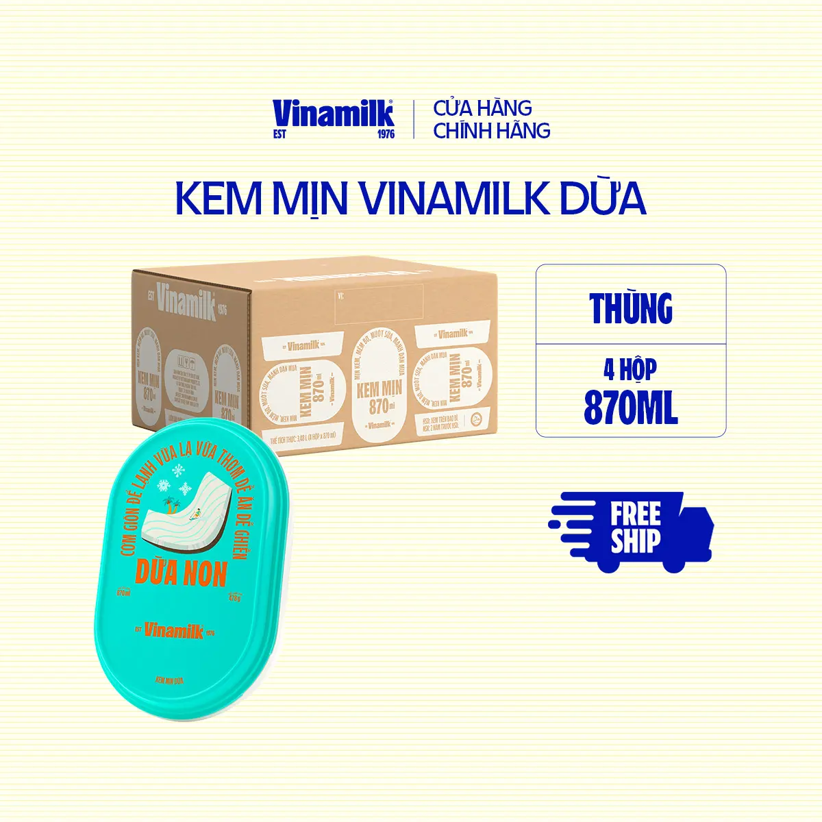[CHỈ GIAO THÀNH PHỐ LỚN BÁN KÍNH 10KM] Thùng 4 hộp Kem mịn Dừa hộp 870ml