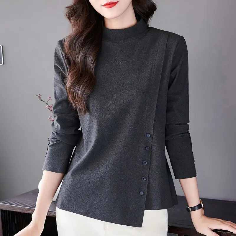 Black Bottoming Shirt for Women Spring and Autumn New Western Style Chic Long-Sleeved T-shirt plus Size Loose Casual Slim Half Turtleneck Women's Top Womenswear Blouses