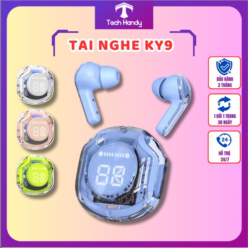 Tai nghe bluetooth 5.3 không dây KY9 Pro (kèm vỏ bảo vệ+dây đeo) thân tròn trong suốt, có màn hình kỹ thuật số led với đèn thở mát mẻ, điều khiển cảm ứng tương thích với các điện thoại thông minh Nghe Nhạc Nhét Tai Kem tainghe