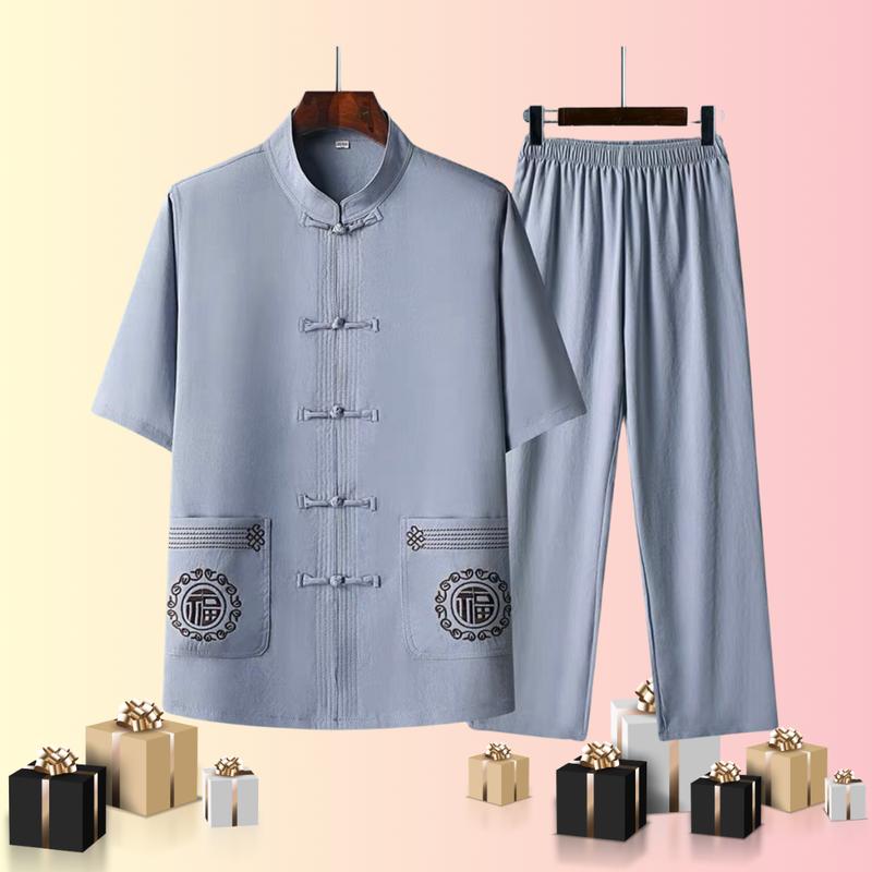 ( B4 ) Sét bộ đũi cộc tay dành tặng cho bố mùa hè, Bộ đũi cộc tay dành cho bố thêu hoa văn, Bố mặc ở nhà đi chơi, đi du lịch, đi lễ chùa rất sang trọng Nam Áo bomac  dichua set  đồ set  đồ set  đồ Nhung Kem