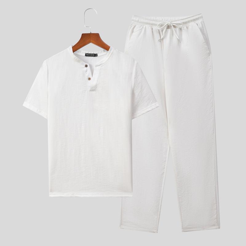 Đồ bộ nam áo cổ V tay ngắn quần dài vải đũi mát nhẹ size 45-90kg jordan  quần áo Menswear