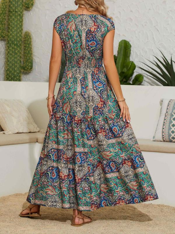 Women's Ethnic Pattern Shirred A Line Dress, Summer Clothes Women, Boho Long Dress for Daily Wear Holiday Vacation, Ladies Dress for Summer, Womenswear 1